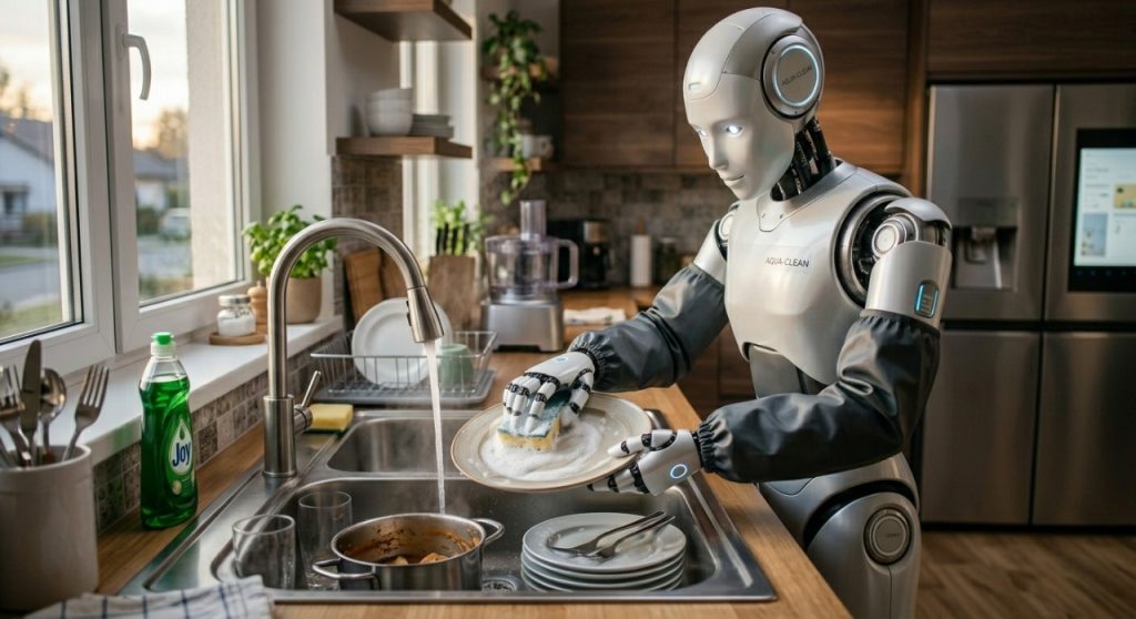 A humanoid robot, featuring a white and silver metallic body, is scrubbing a ceramic plate with a sponge and running water in a stainless steel kitchen sink. The robot wears black sleeves to protect its arms and is standing in a well-lit modern kitchen with a large window and wooden cabinets in the background.