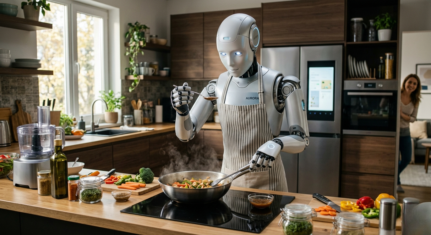 An AI-generated, sleek white humanoid robot with glowing blue eyes stands in a modern, well-lit kitchen. Wearing a beige striped apron, the robot is actively cooking a stir-fry in a stainless steel pan on an induction cooktop, holding a tasting spoon in one hand and a spatula in the other. Fresh vegetables, spices, and a food processor are neatly arranged on the wooden countertop around it. In the background, a person is visible through a doorway, smiling at the scene.