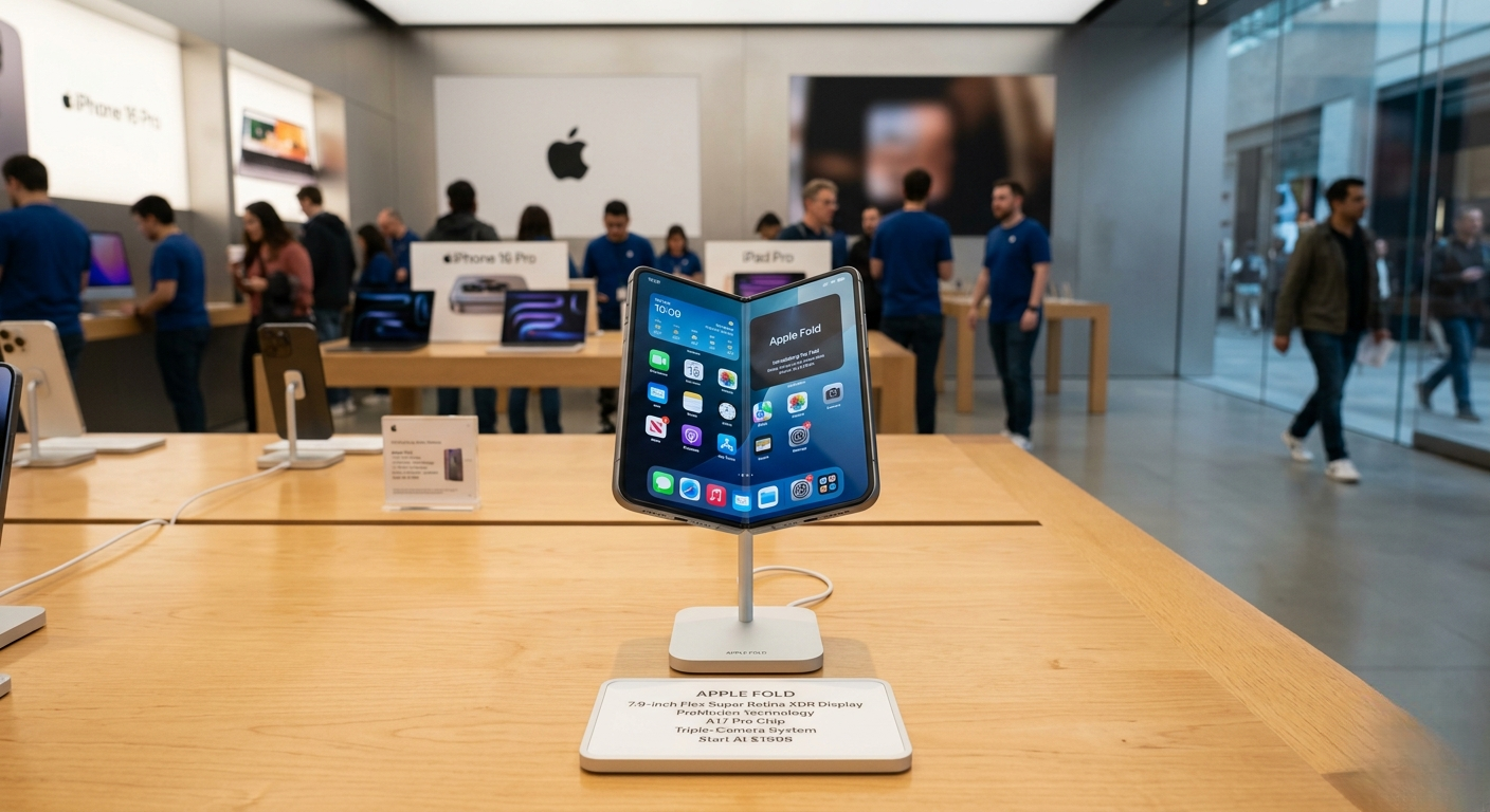 A photo taken inside a bright, modern Apple Store, featuring a foldable iPhone (conceptually named "Apple Fold") displayed on a sleek, metallic charging stand in the foreground. The device is semi-folded like a book, showcasing a continuous, vibrant iOS interface across a large internal screen. In front of the stand is a small white placard detailing technical specifications. The background is softly blurred, showing the iconic minimalist wooden tables, Apple logo signage, and store employees in blue shirts assisting customers, creating a highly realistic retail atmosphere.