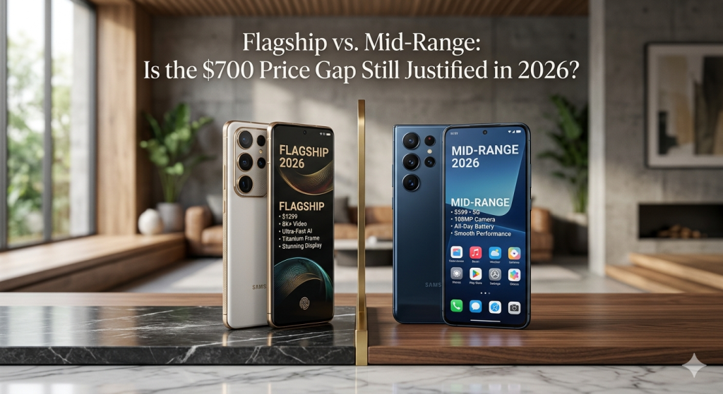 An elegant, high-resolution comparison image titled "Flagship vs. Mid-Range: Is the $700 Price Gap Still Justified in 2026?"

The scene is set in a modern, sunlit interior on a sleek tabletop divided by a thin gold line. On the left, a premium flagship phone in a sophisticated gold and white finish sits on a black marble surface, its screen listing high-end specs like "Titanium Frame" and "Ultra-Fast AI" at a $1299 price point. On the right, a sleek mid-range phone in deep blue sits on a warm wood surface, highlighting features like a "108MP Camera" and "All-Day Battery" for $599. The composition uses soft bokeh and balanced lighting to create a professional, tech-editorial aesthetic.