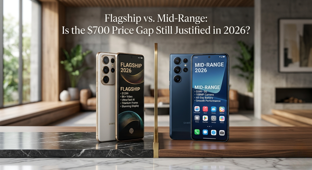 An elegant, high-resolution comparison image titled "Flagship vs. Mid-Range: Is the $700 Price Gap Still Justified in 2026?"

The scene is set in a modern, sunlit interior on a sleek tabletop divided by a thin gold line. On the left, a premium flagship phone in a sophisticated gold and white finish sits on a black marble surface, its screen listing high-end specs like "Titanium Frame" and "Ultra-Fast AI" at a $1299 price point. On the right, a sleek mid-range phone in deep blue sits on a warm wood surface, highlighting features like a "108MP Camera" and "All-Day Battery" for $599. The composition uses soft bokeh and balanced lighting to create a professional, tech-editorial aesthetic.