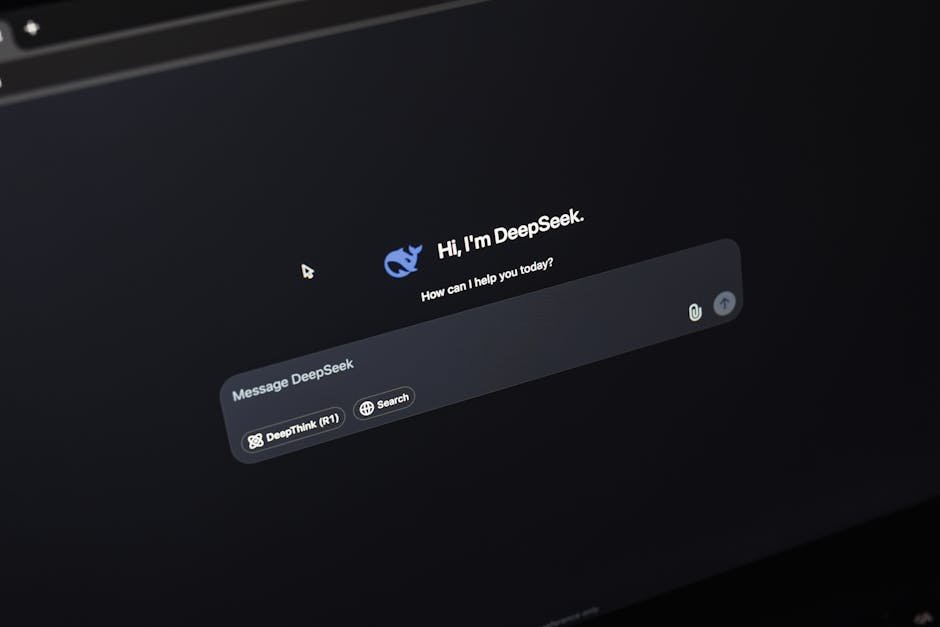 create your first ai agent - Screen displaying AI chat interface DeepSeek on a dark background.