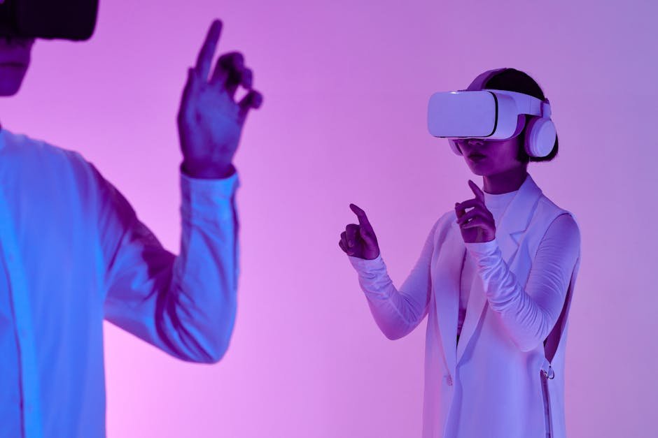 modern tech platforms shaping future - Two adults using VR headsets in a studio with vibrant lighting, depicting futuristic technology.